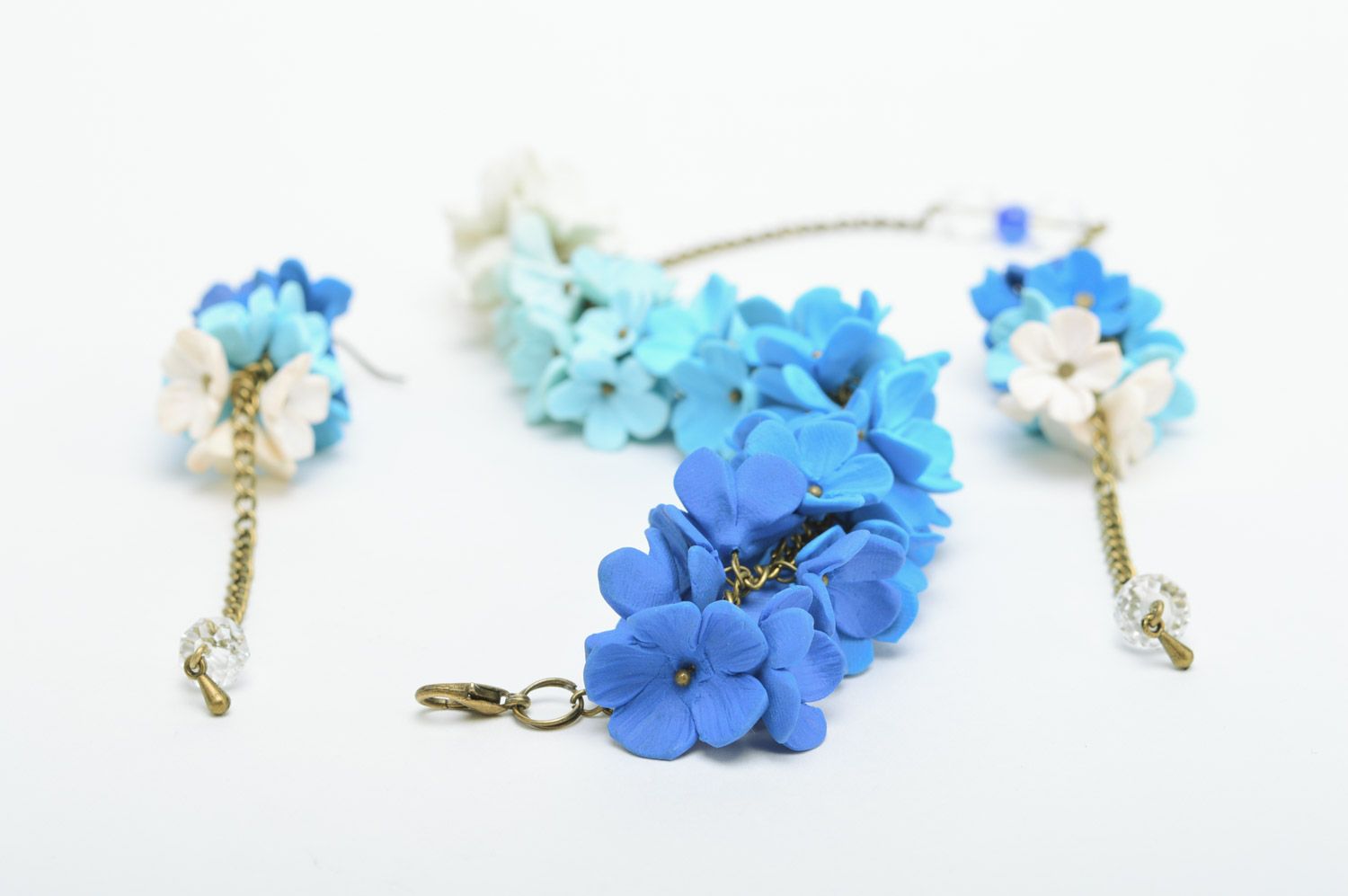 Set of handmade jewelry made of polymer clay bracelet and earrings with blue flowers photo 5