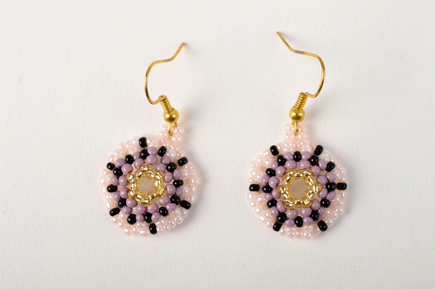 Handmade pink round earrings unusual beaded jewelry stylish massive earrings photo 2