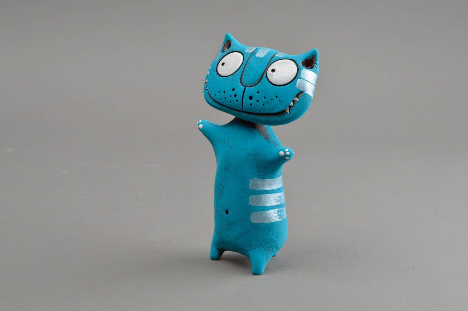 Синяя глиняная статуэтка ручной работы авторского дизайна расписная Кот фото 3