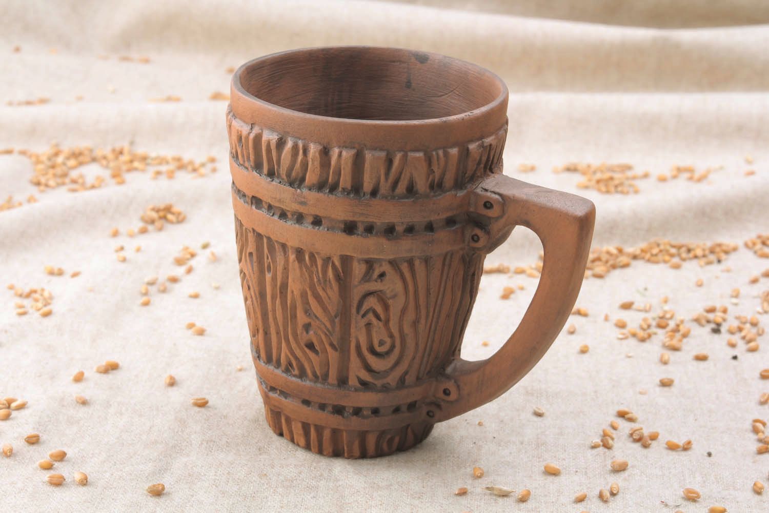 Large 13 oz ceramic natural clay cup with fake wood pattern and handle photo 2