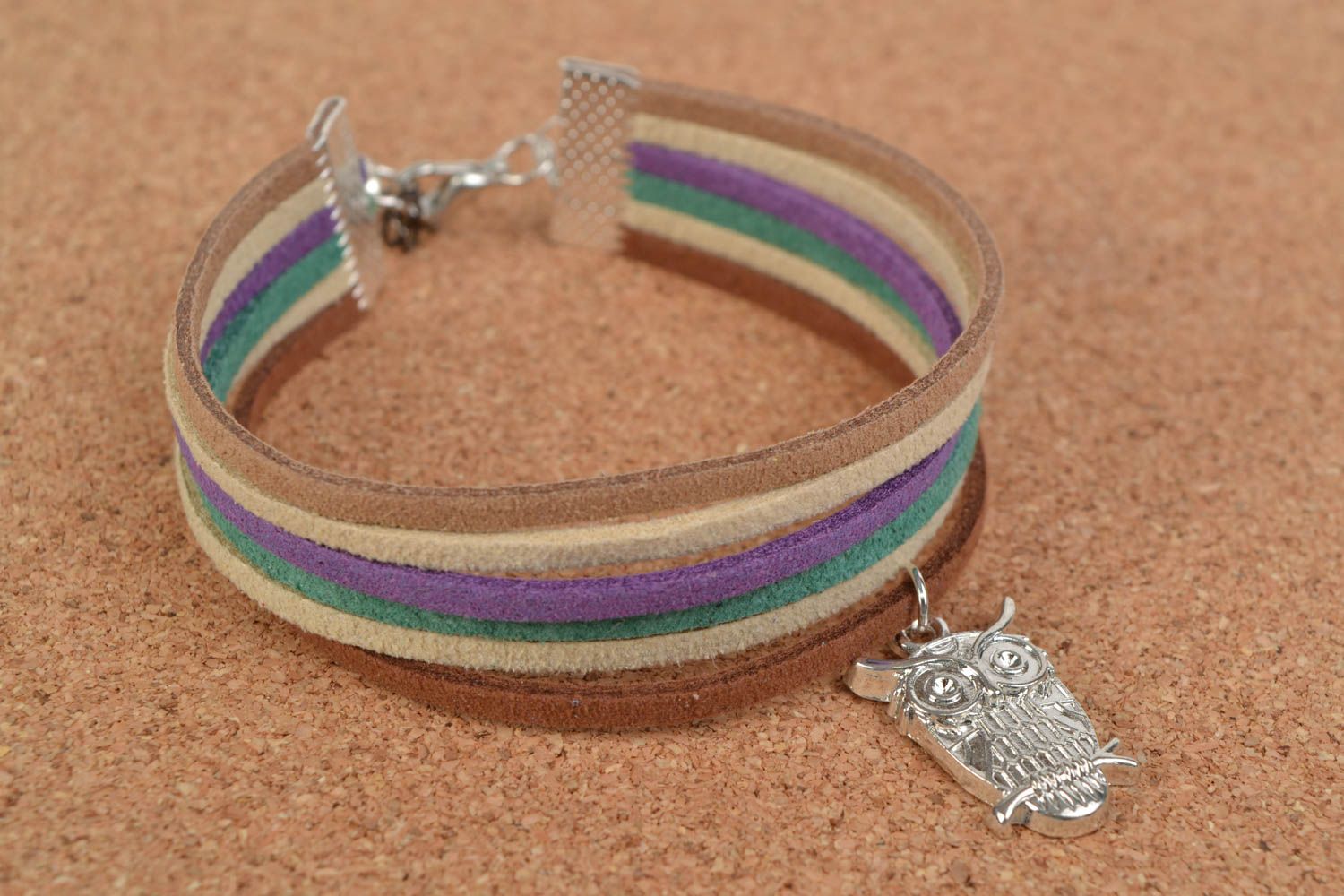 Handmade colorful multi row suede cord wrist bracelet with metal charm Owl photo 1