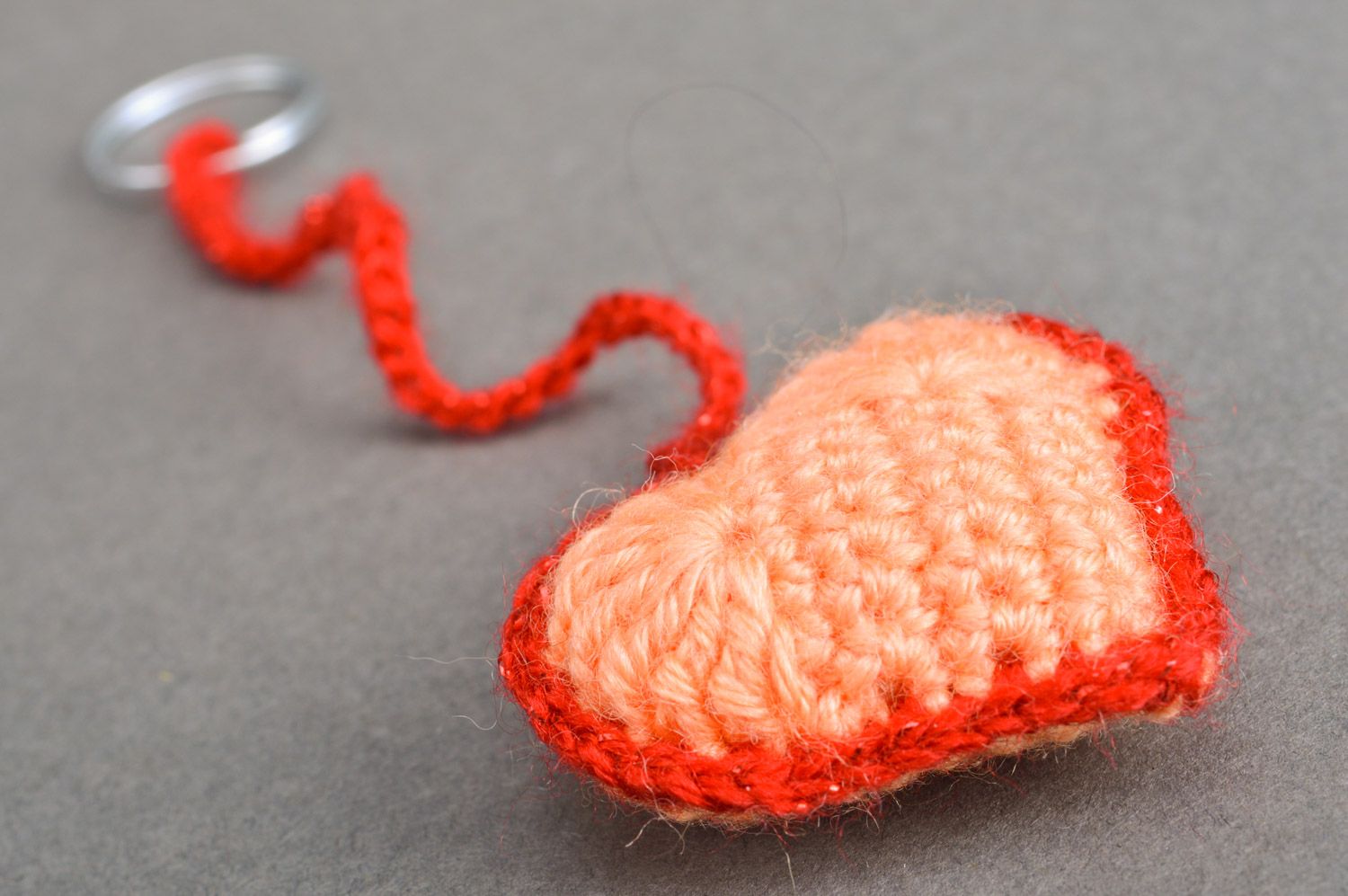 Handmade soft red and pink heart-shaped keychain crocheted of semi-woolen threads photo 2