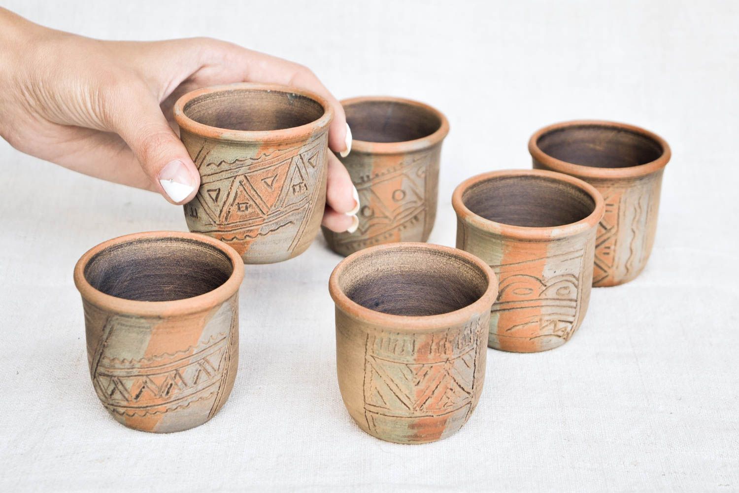 Set of 6 ceramic 5 oz clay cups, not glazed with Italian style olive-brown color photo 2