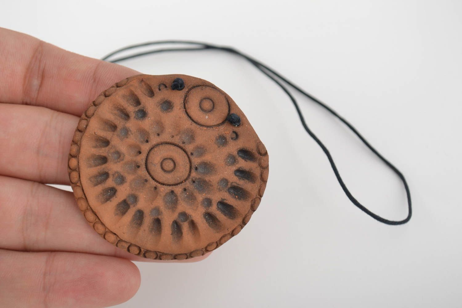 Handmade designer unusual ethnic clay pendant of round shape  photo 5