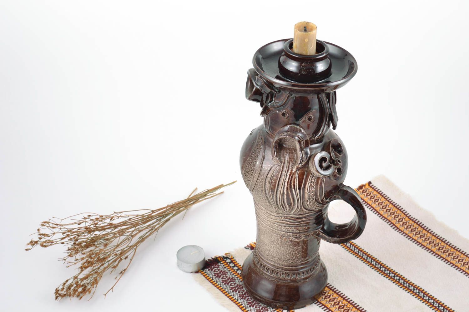 Handmade Deko Kerzenhalter aus Ton mit Bemalung künstlerisch originell braun foto 1