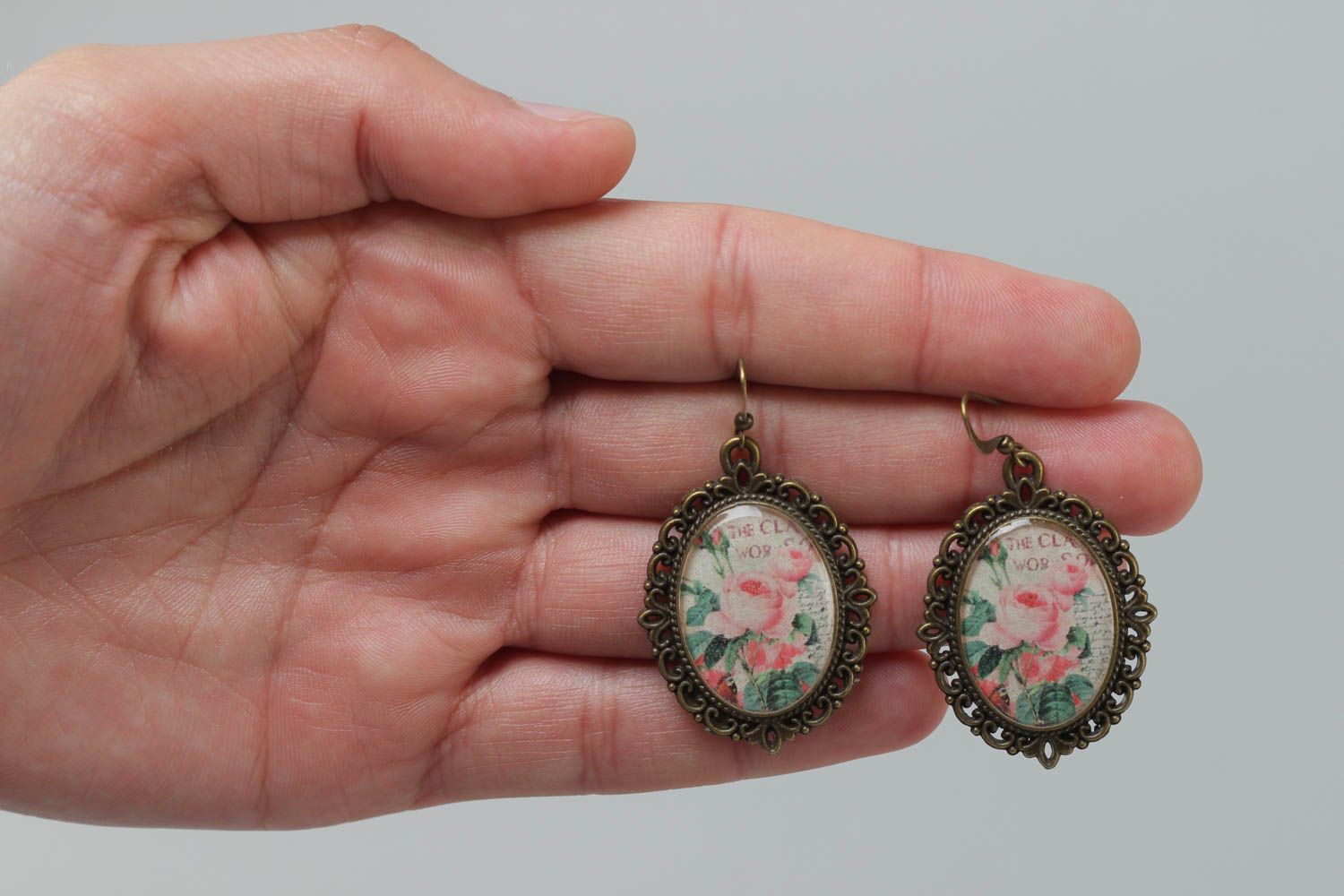 Handmade long oval glass glaze earrings with flowers photo 5
