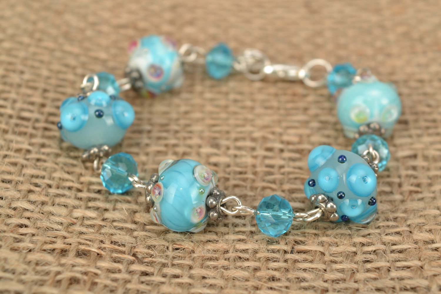 Bracelet with lampwork glass beads Blue Sky photo 2