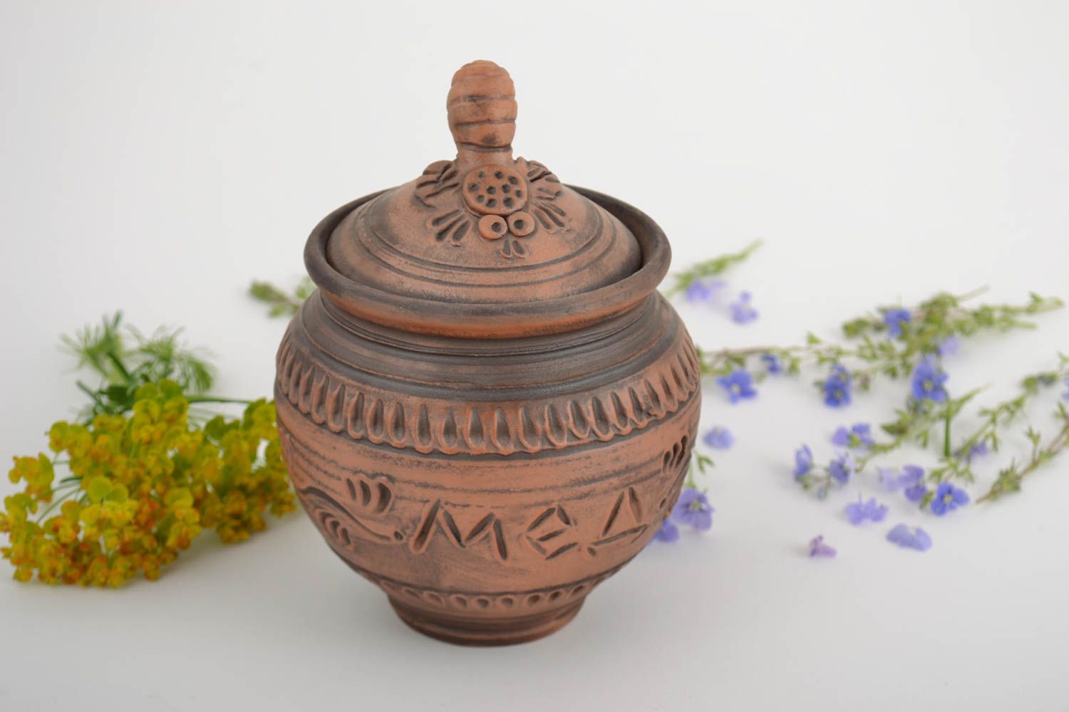 Pot for honey with lid made of clay milk firing technique hand made 200 ml photo 1