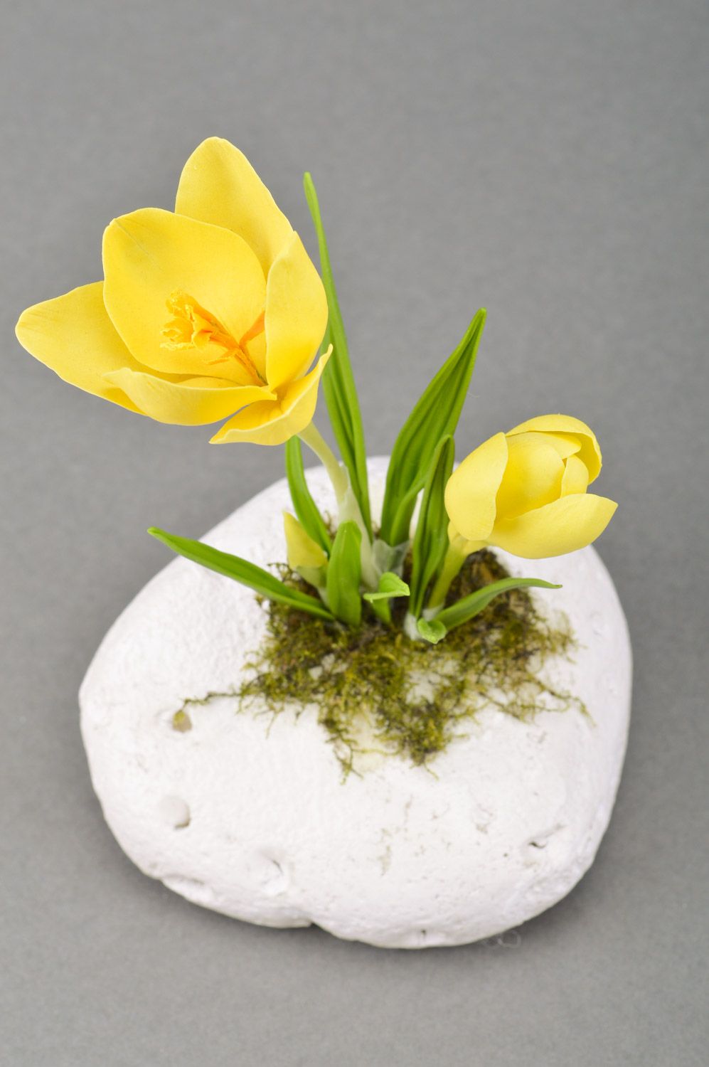 Handmade artificial polymer clay yellow crocus flower on white stone stand photo 4
