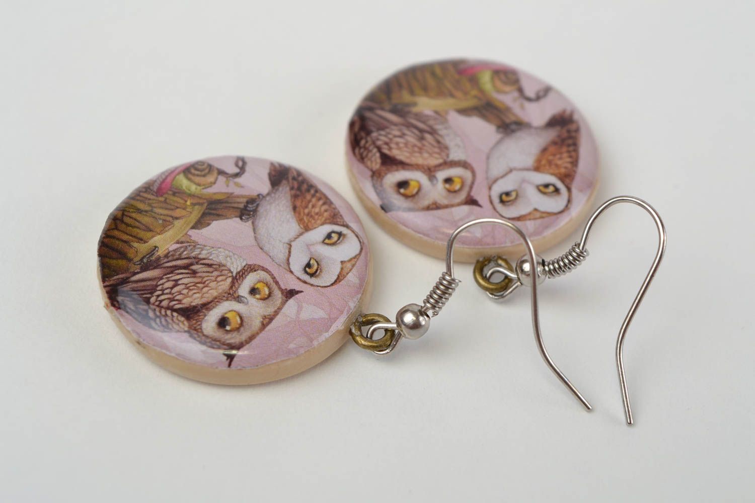 Beautiful handmade round polymer clay earrings with decoupage owls photo 4