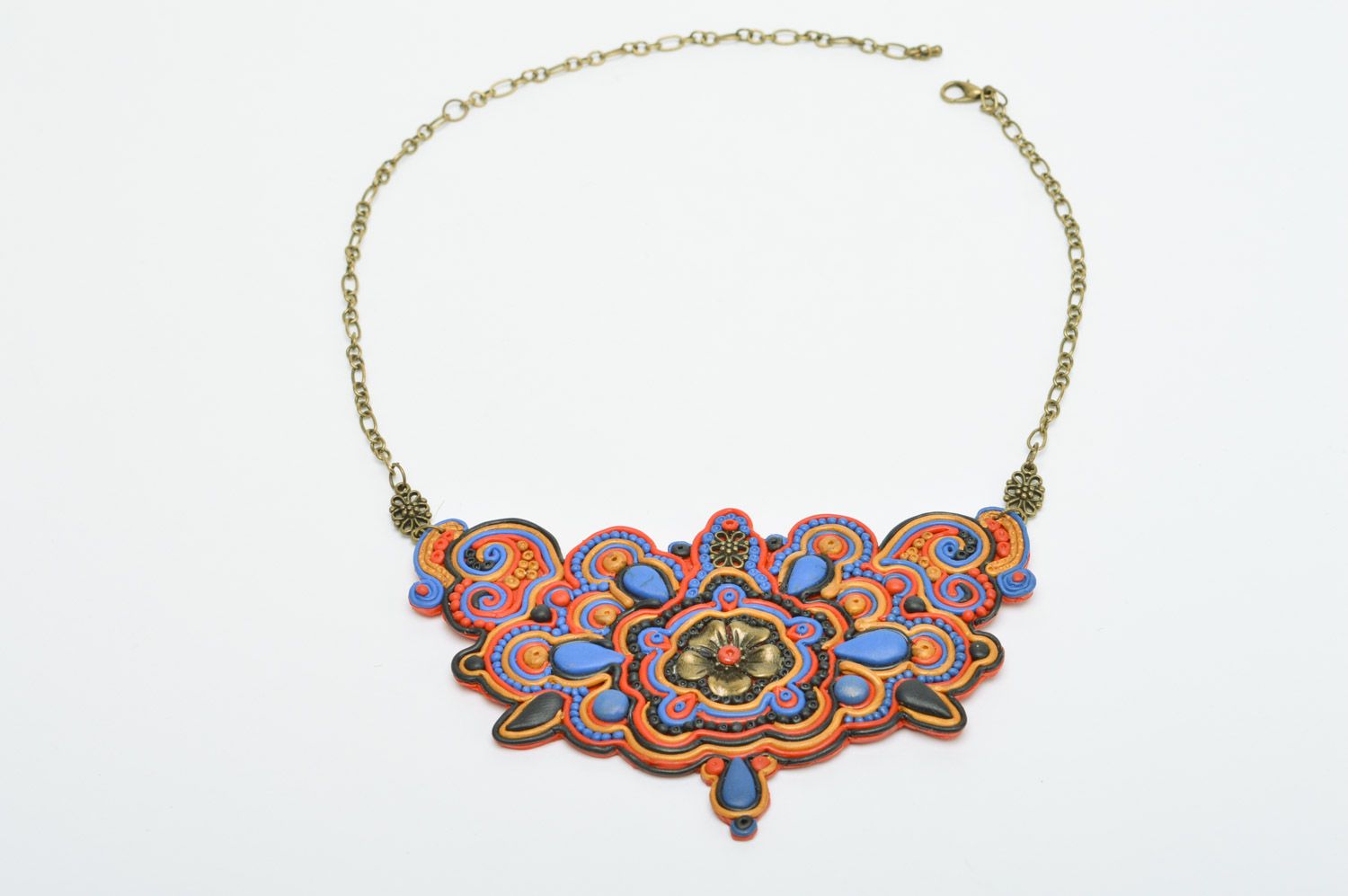 Handmade massive metal and polymer clay necklace with flower ornament in soutache style photo 3
