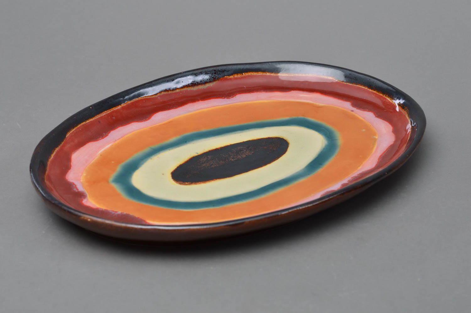 Handmade decorative oval shaped flat colorful bright glazed porcelain dish  photo 1
