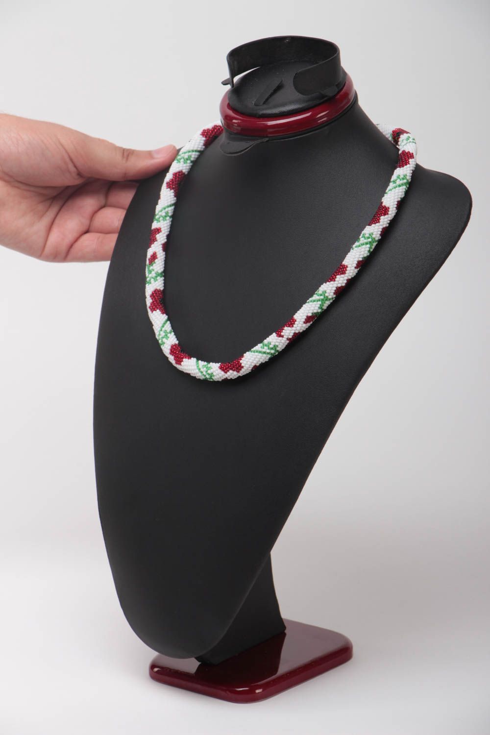 Handmade beaded cord necklace accessories with red flowers white jewelry photo 5