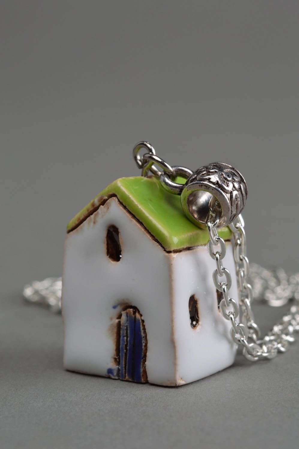 Handmade designer ceramic pendant necklace white house with green roof on chain photo 2