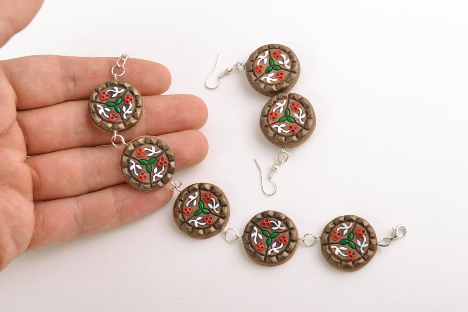 Set of handmade ceramic ethnic jewelry 2 items earrings and wrist bracelet photo 2