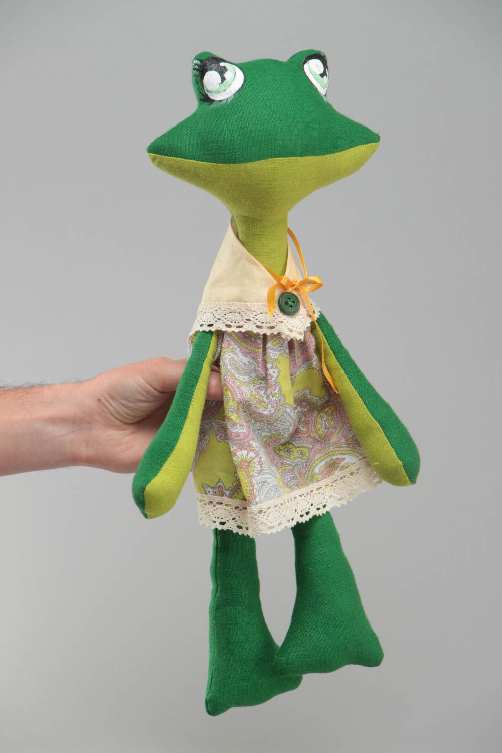 Funny handmade soft toy green frog painted with acrylics sewn of cotton and linen photo 5