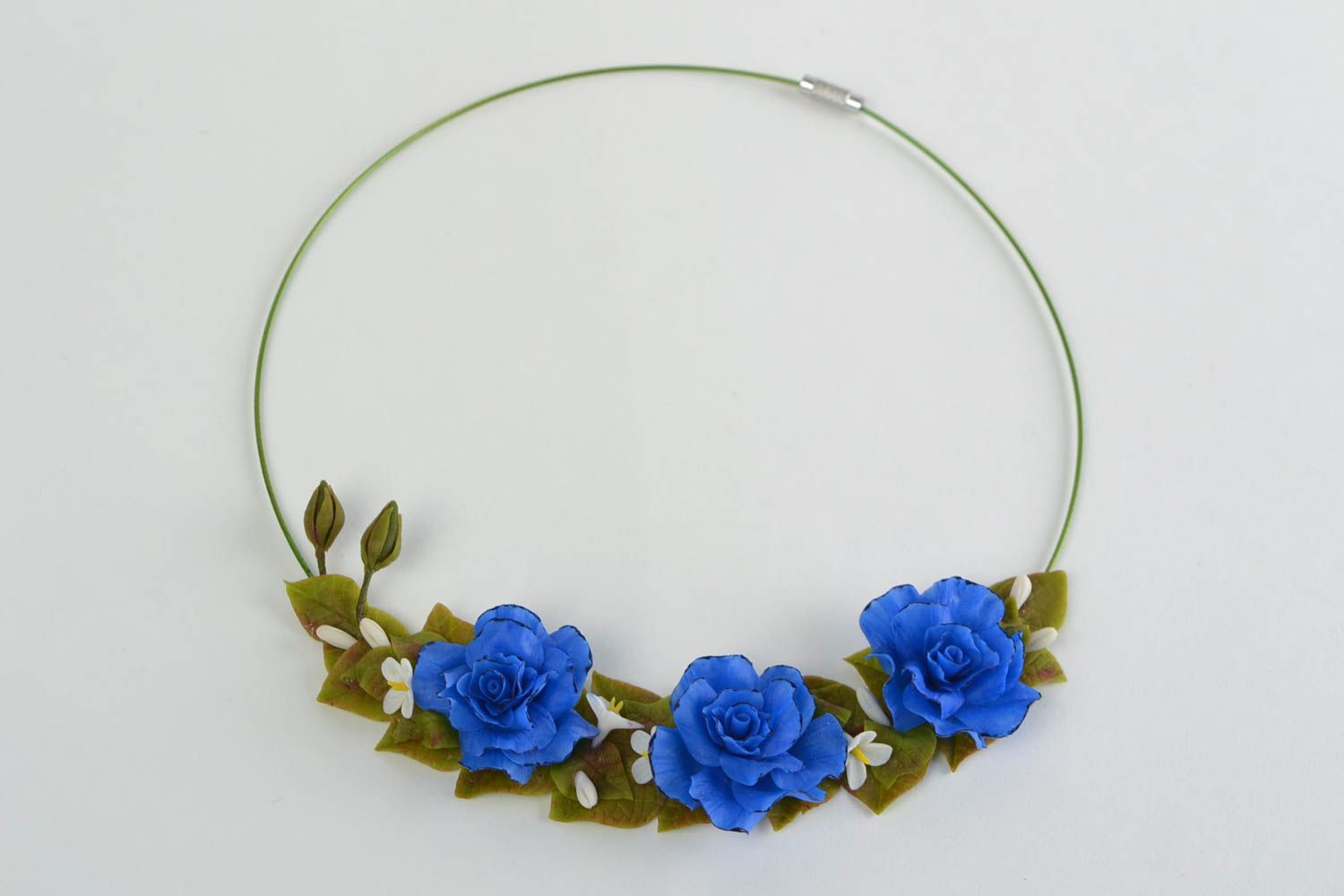 Necklace made of cold porcelain Blue Roses handmade beautiful tender accessory photo 2