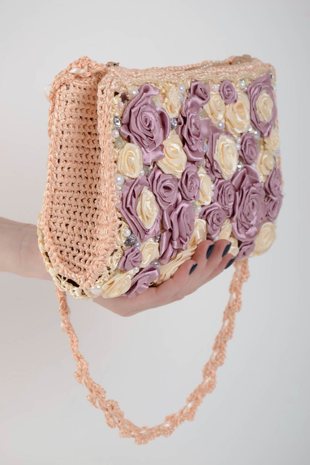 Handmade designer light crocheted clutch bag with pink and violet ribbon flowers photo 5