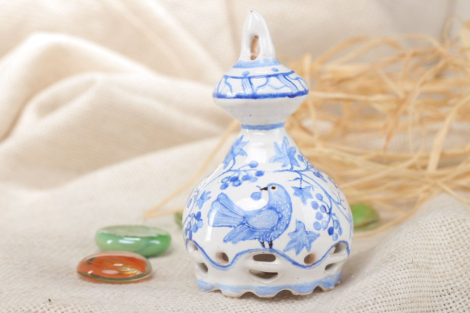 Handmade decorative clay bell painted with enamel and dyes photo 1