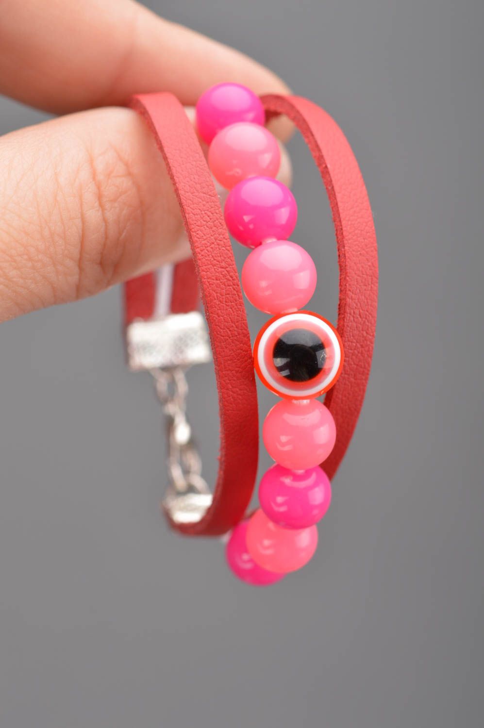Red and pink handmade designer children's leather bracelet with beads photo 2