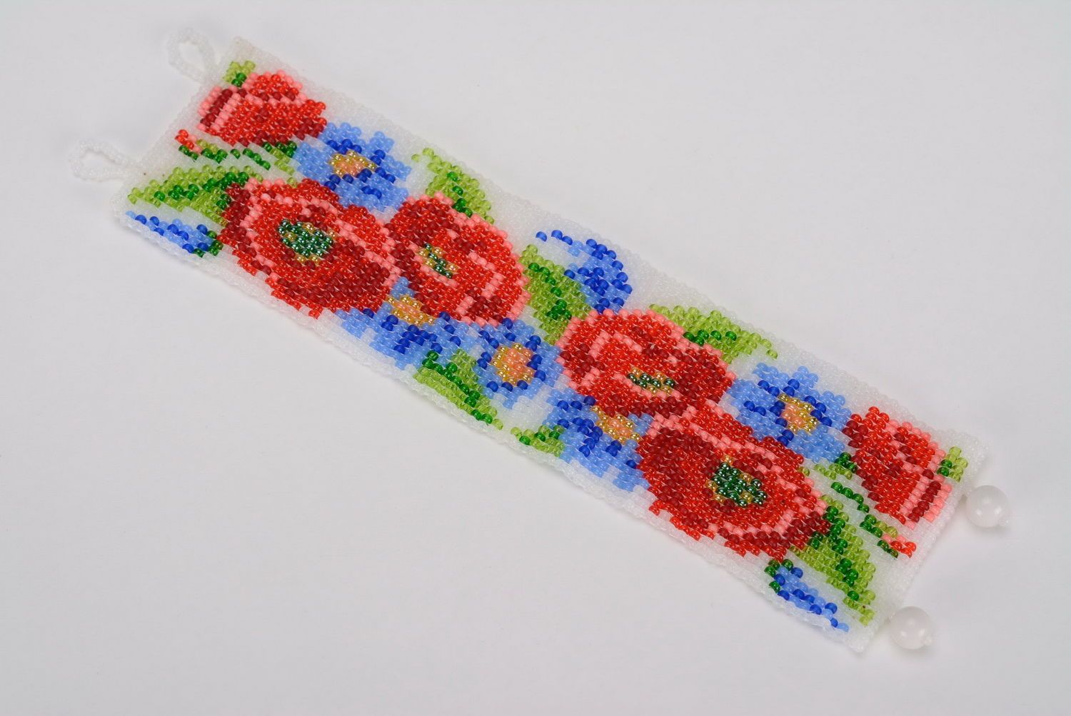Wide floral beaded wrist bracelet with Poppies for women photo 1