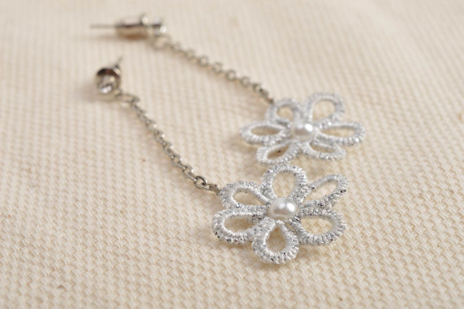 Beautiful neat white handmade designer tatting earrings with chains and flowers photo 1