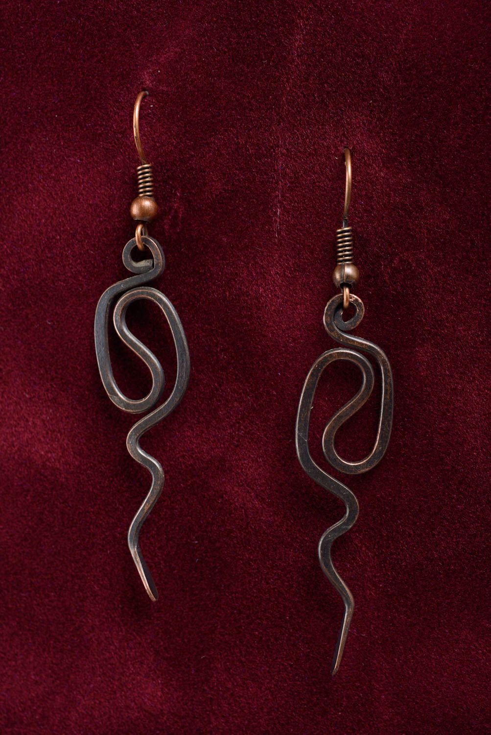 Earrings made of copper wire wrap technique handmade long with stylish pendants photo 1