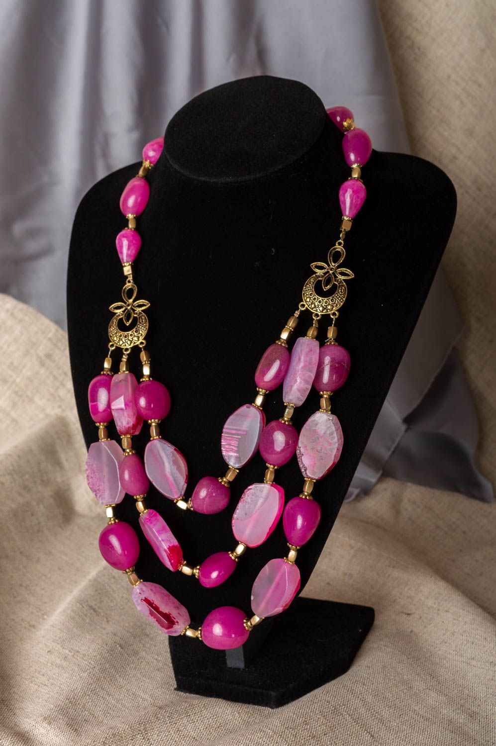 Beautiful brass dark pink bright designer handmade necklace with agate photo 1