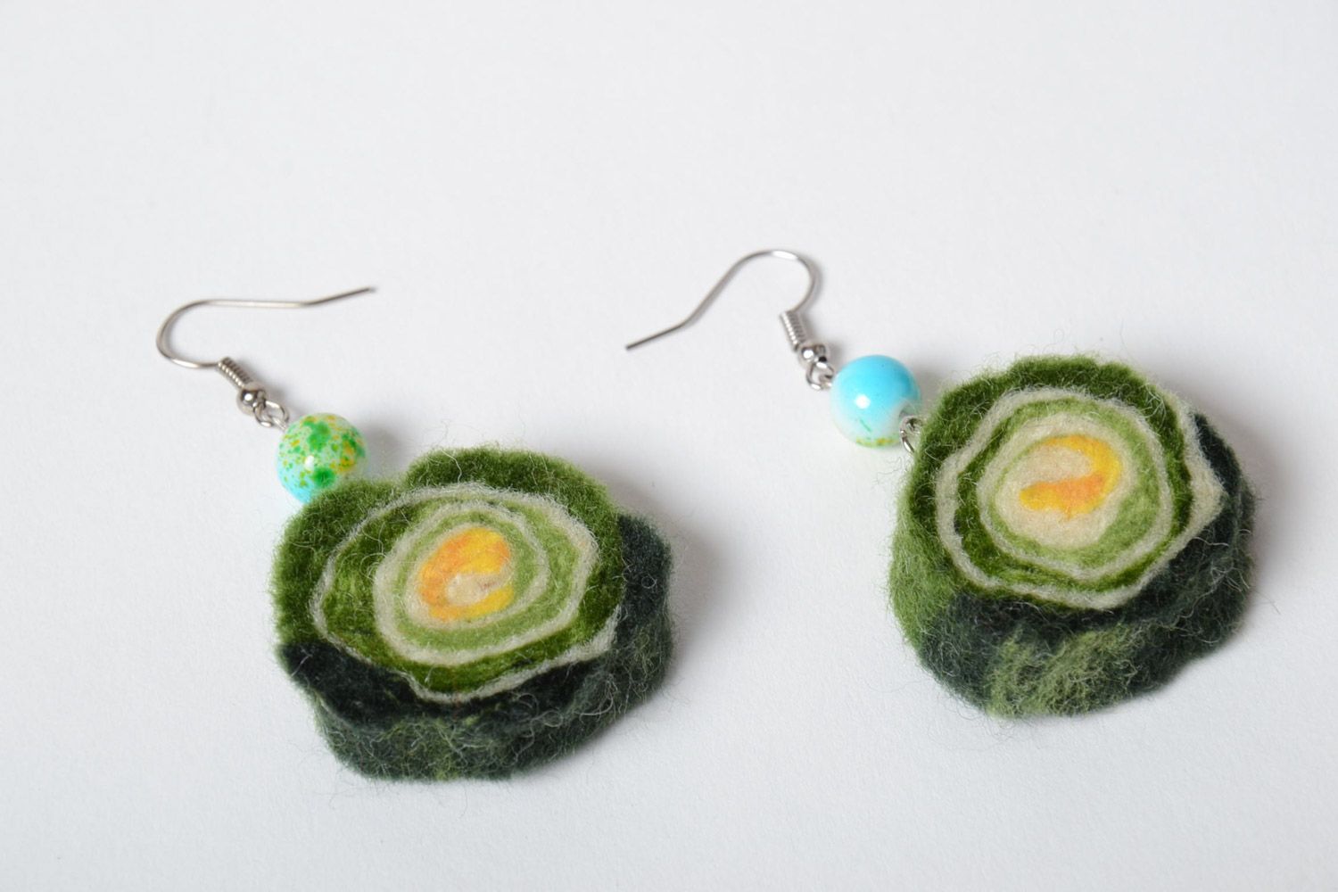 Green handmade designer felted wool ball earrings with beads photo 4