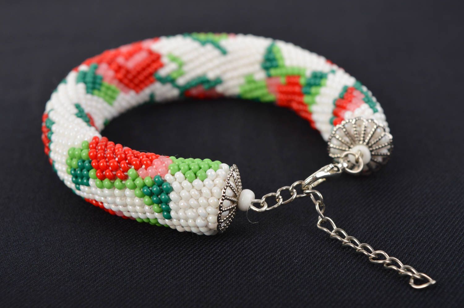 Handmade beaded cord bracelet roses in red, green, and white colors for women and girls photo 1