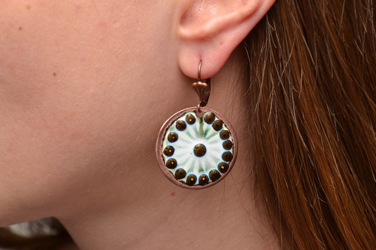 Designer copper earrings of round shape painted with enamels photo 2