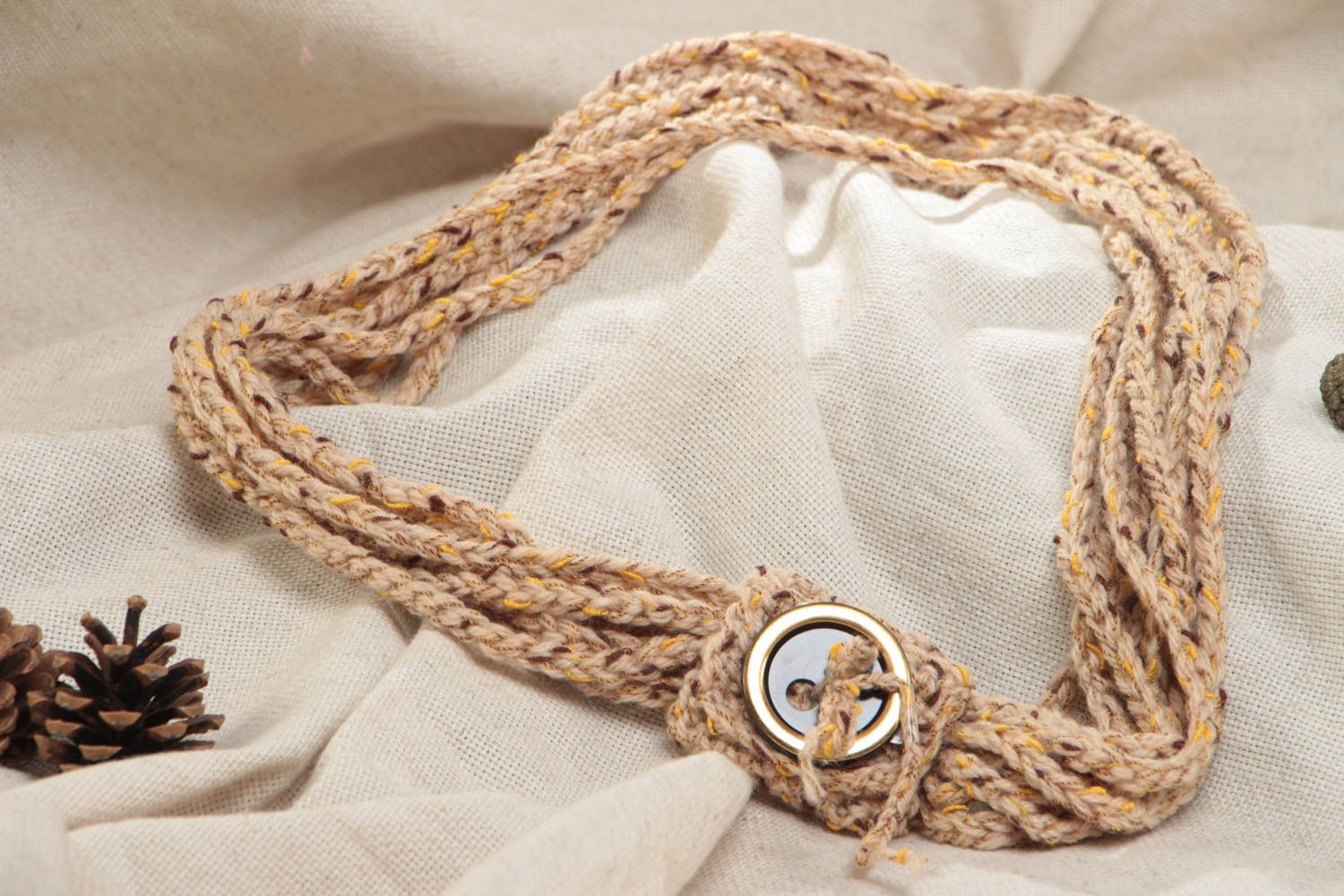 Unusual stylish beautiful handmade crochet scarf with button narrow beige photo 1