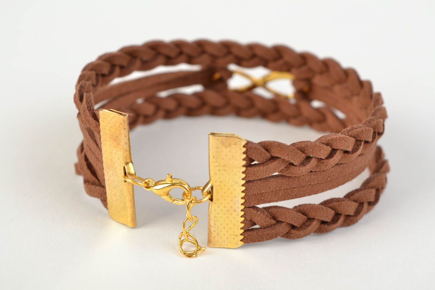 Brown woven suede cord bracelet with metal charm handmade photo 4