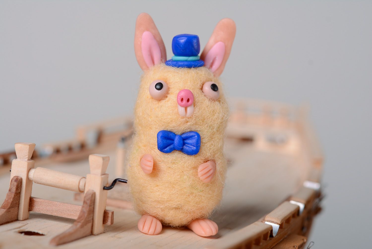 Miniature handmade felted wool statuette of rabbit photo 1