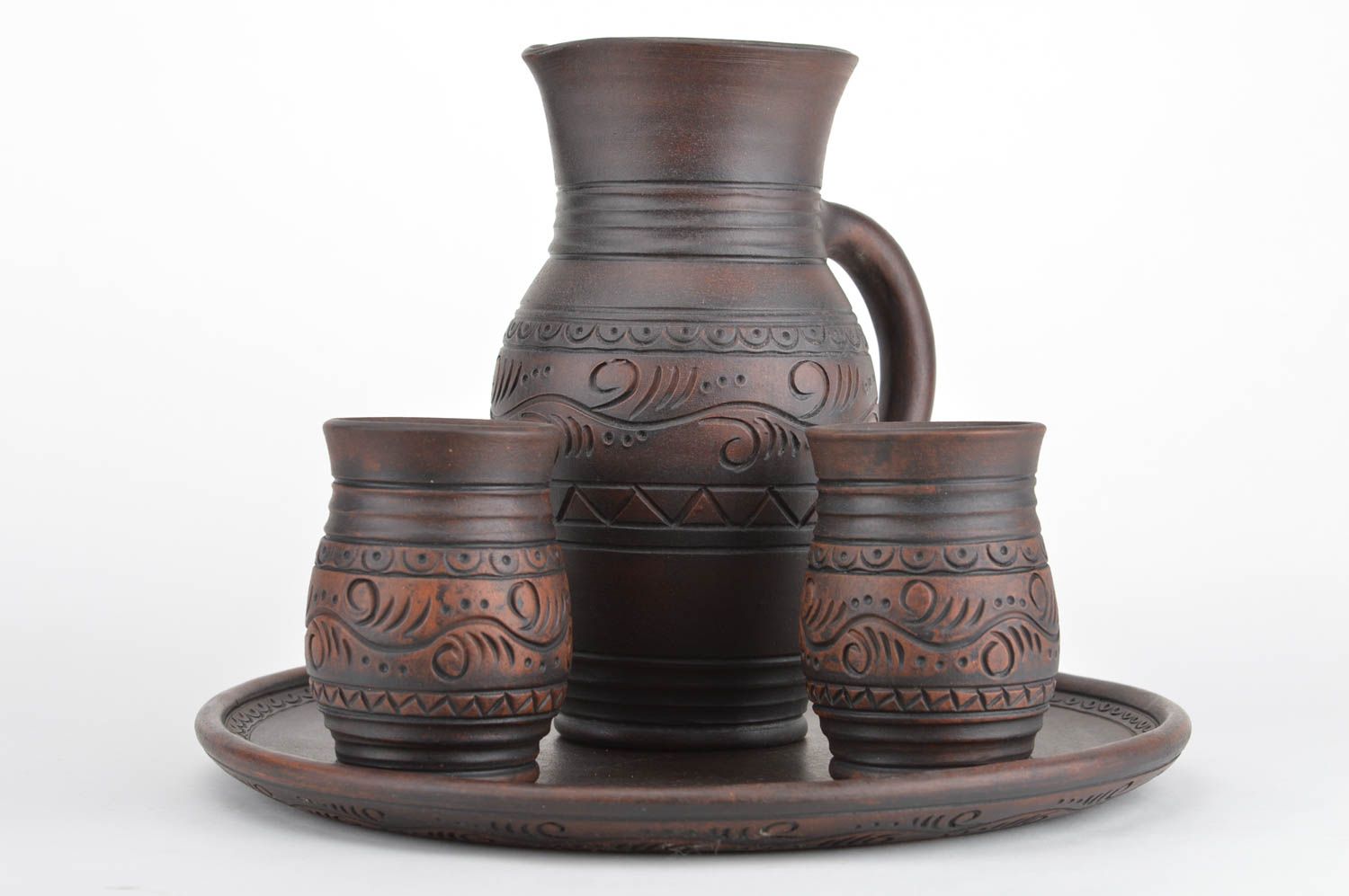 Keramik Geschirr Set Krug 2 Trinkbecher und Tablett handmade künstlerisch Ethno  foto 5