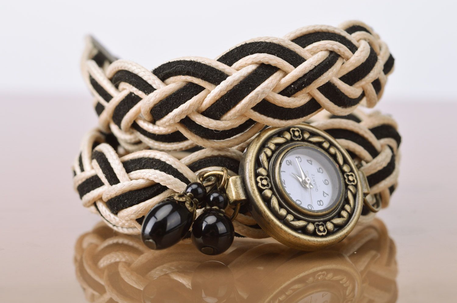 Handmade women's wrist watch with double wrap beige and black colors strap photo 5