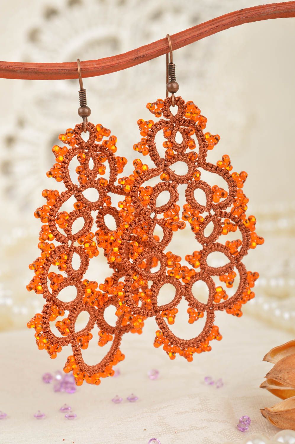 Large orange handmade designer tatted earrings with beads unusual jewelry photo 1