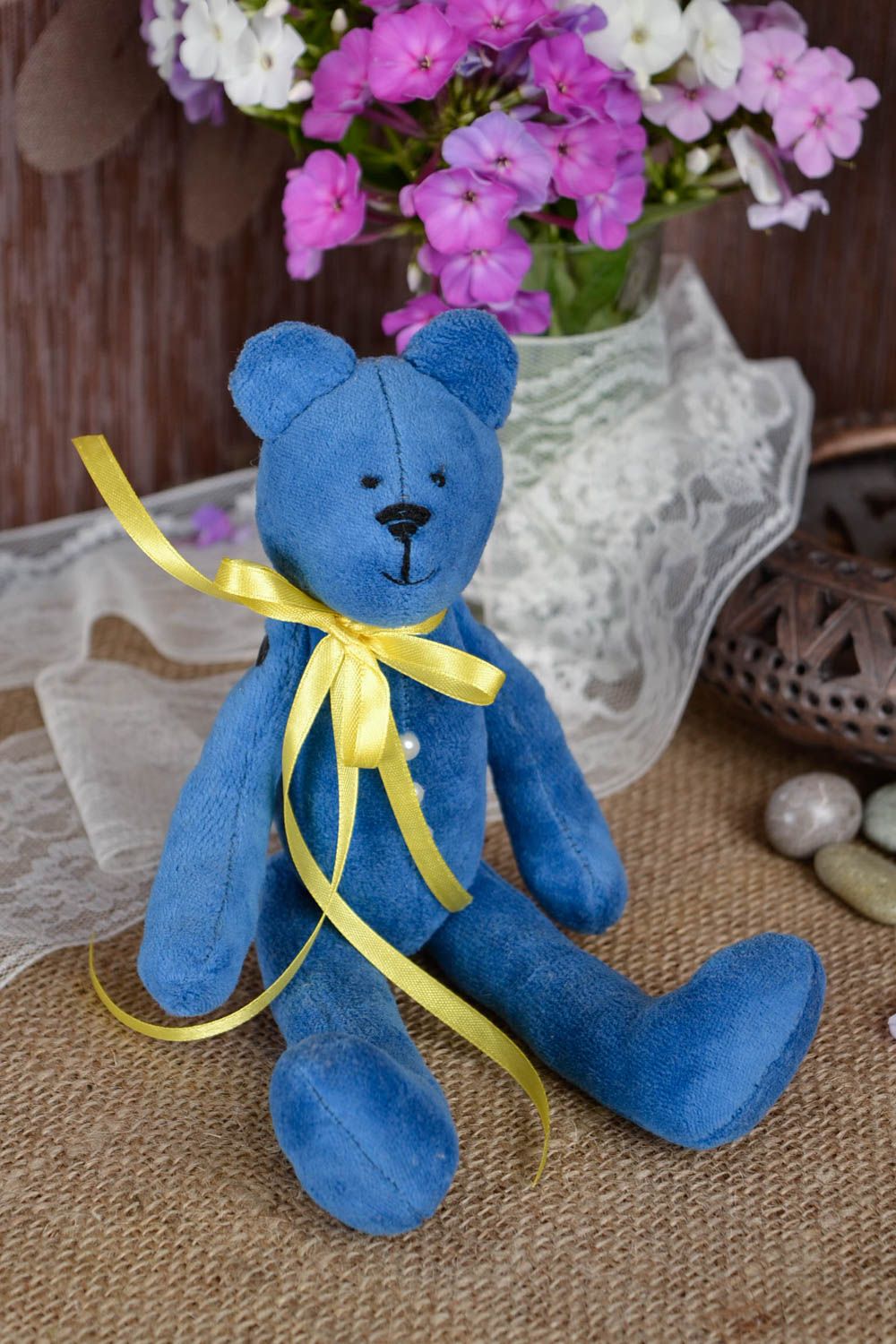 Игрушка мишка из ткани синий игрушка ручной работы интересный подарок для дома фото 1