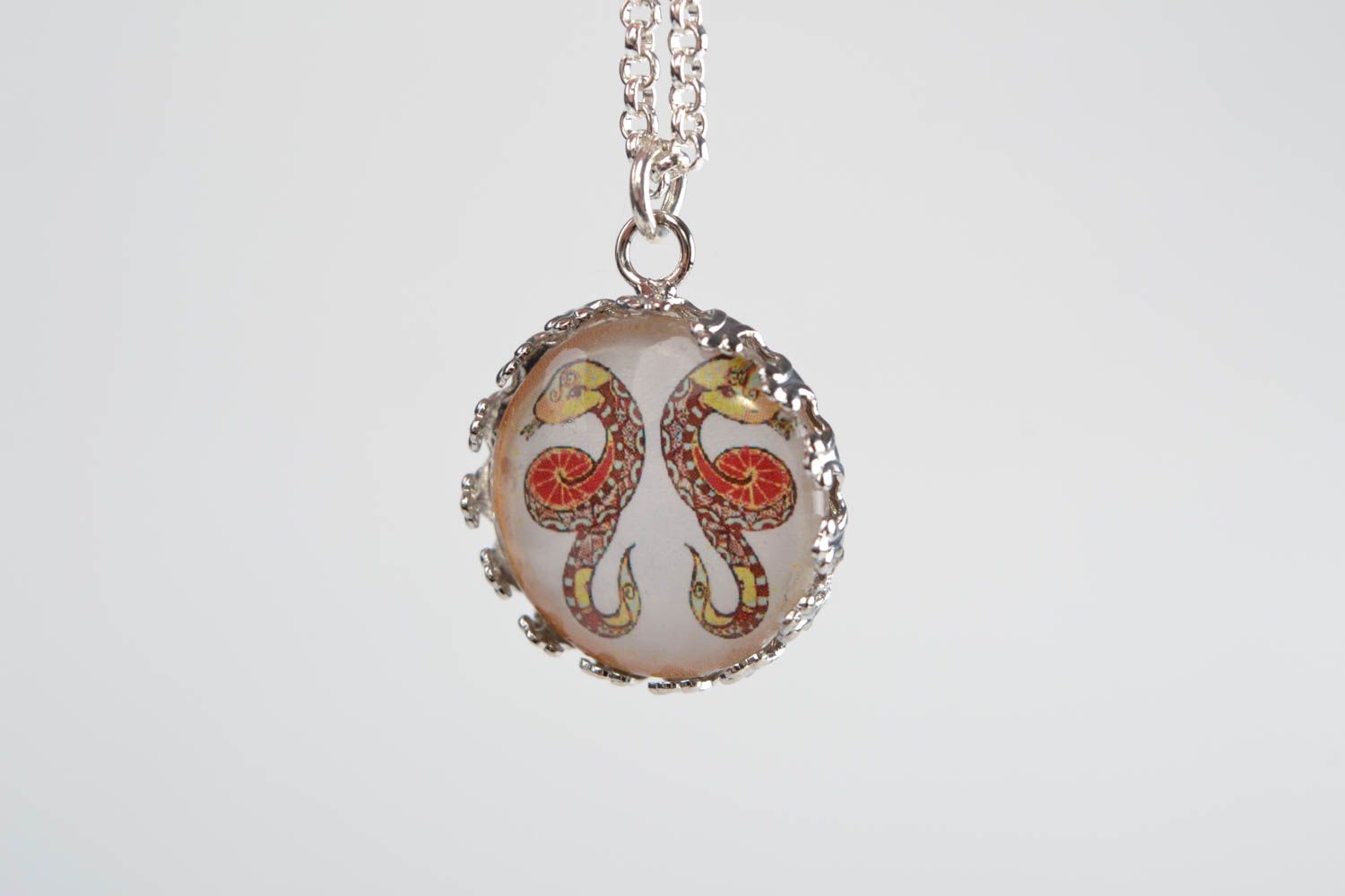 Handmade designer round white glass pendant with Gemini sign on metal chain  photo 4