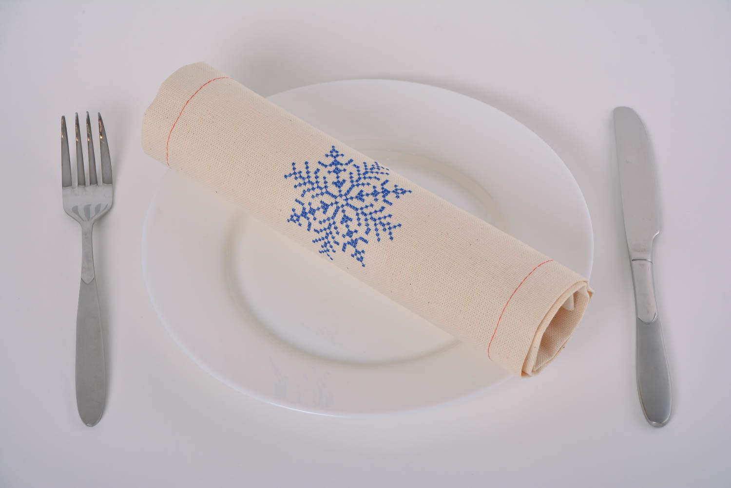 Handmade embroidered napkin made of semi linen for table layout Snowflake photo 4