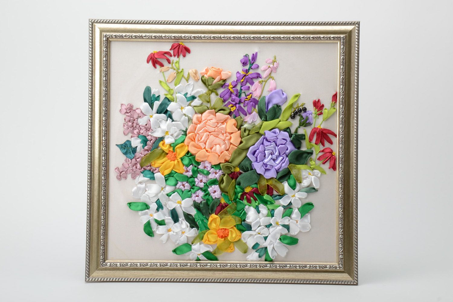 Handmade square picture with satin ribbon embroidered flowers in frame photo 1