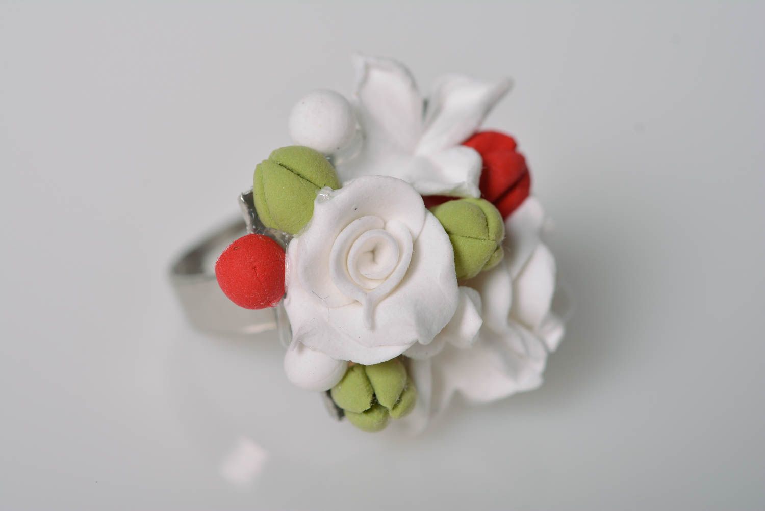 Handmade flower polymer clay ring on a metal basis designer's style photo 3