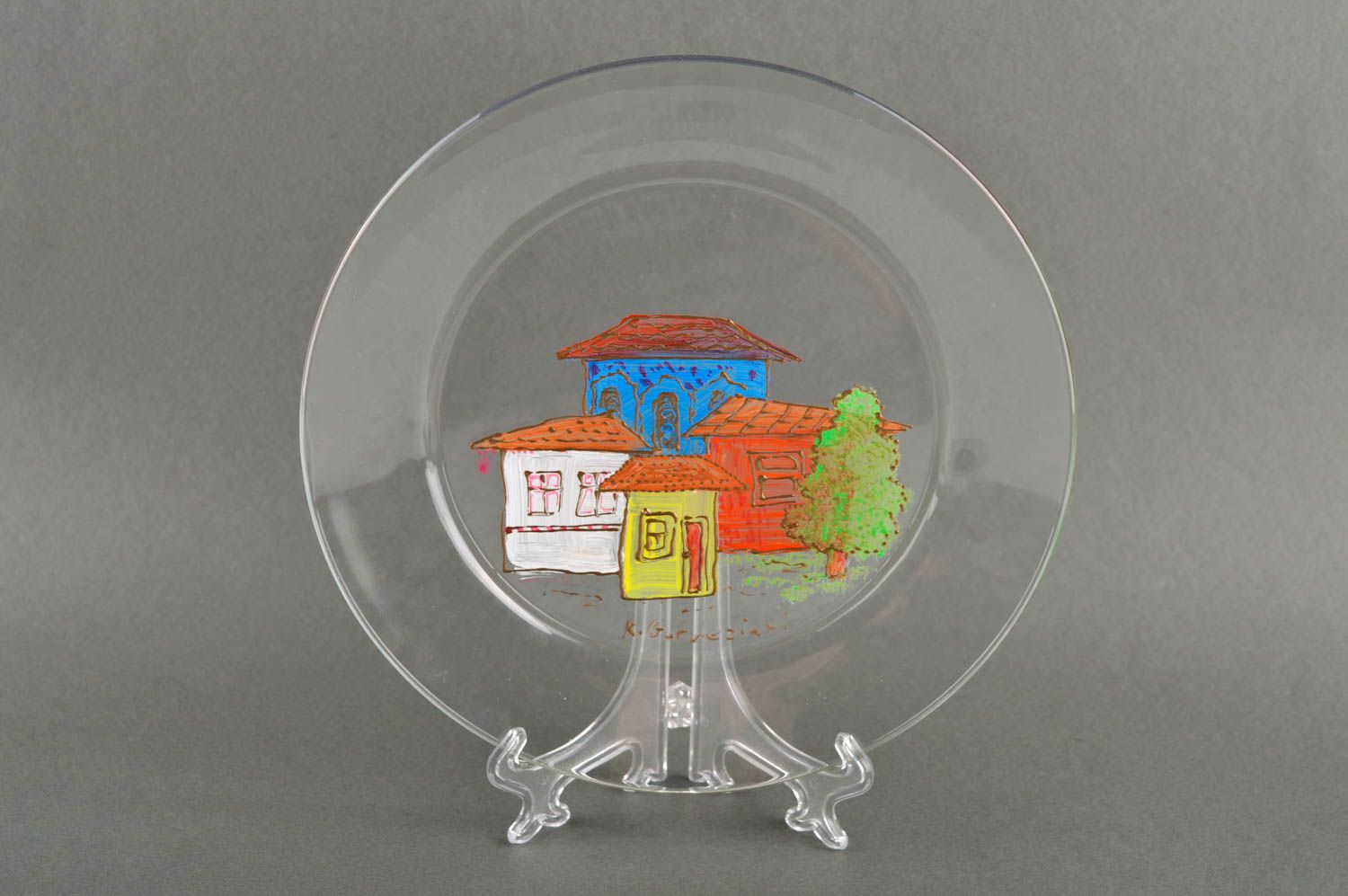 Assiette décorative en verre faite main transparente avec maisons Déco originale photo 2