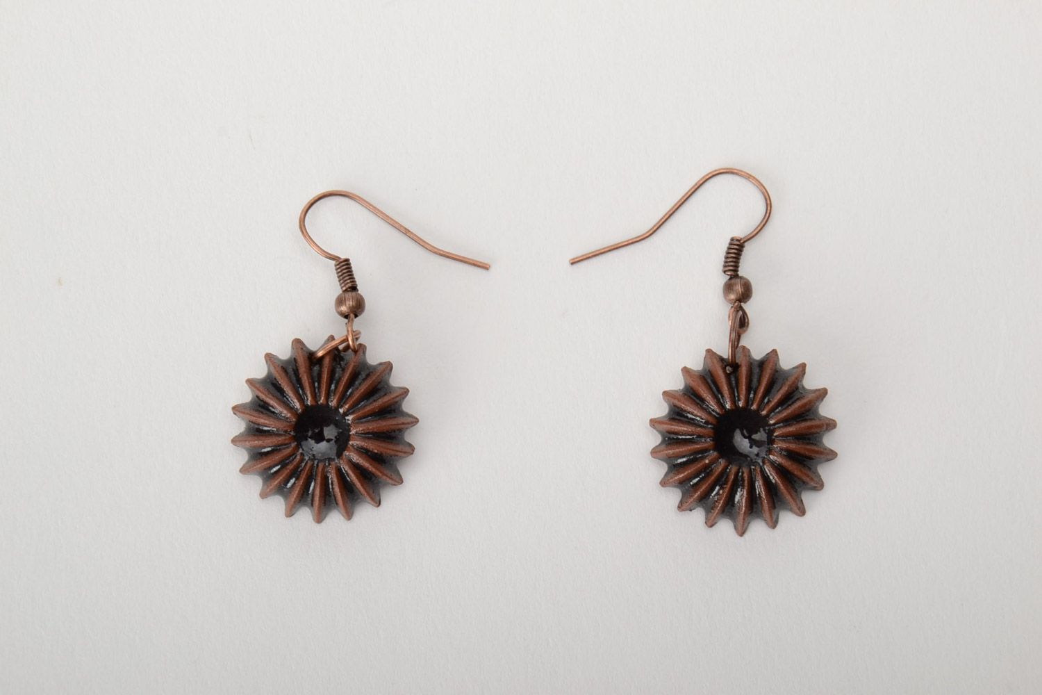 Women's round dangle earrings hand made of brown clay  photo 3