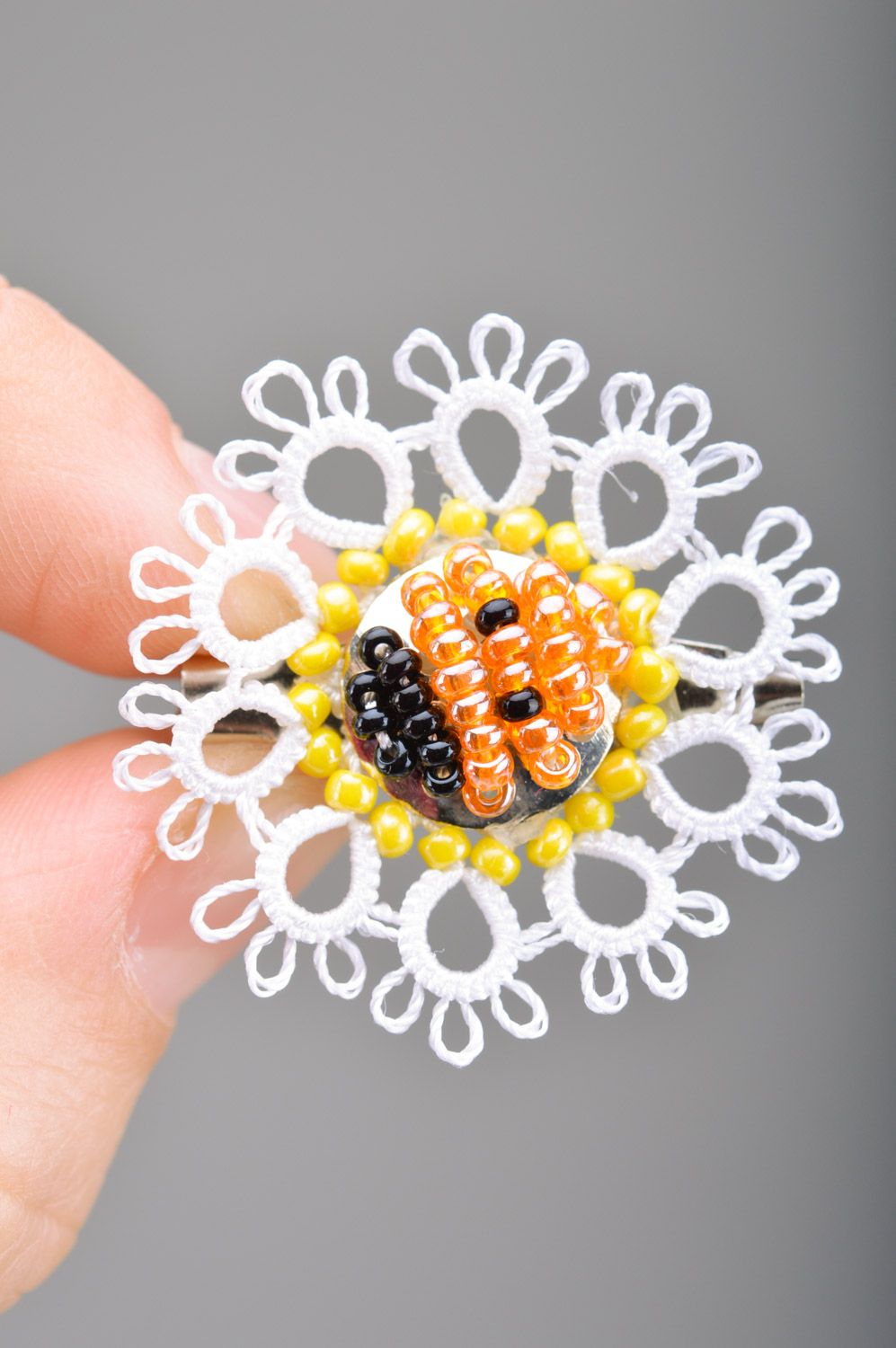 Handmade women's woven tatting brooch with beads of white color photo 1