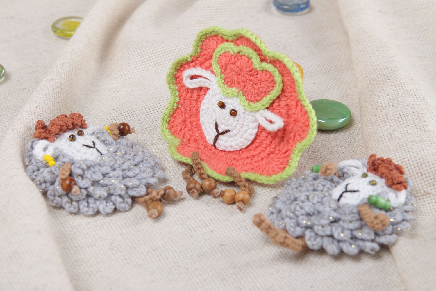 Set of handmade fridge magnets crocheted of cotton and wool 3 items Lambs photo 5