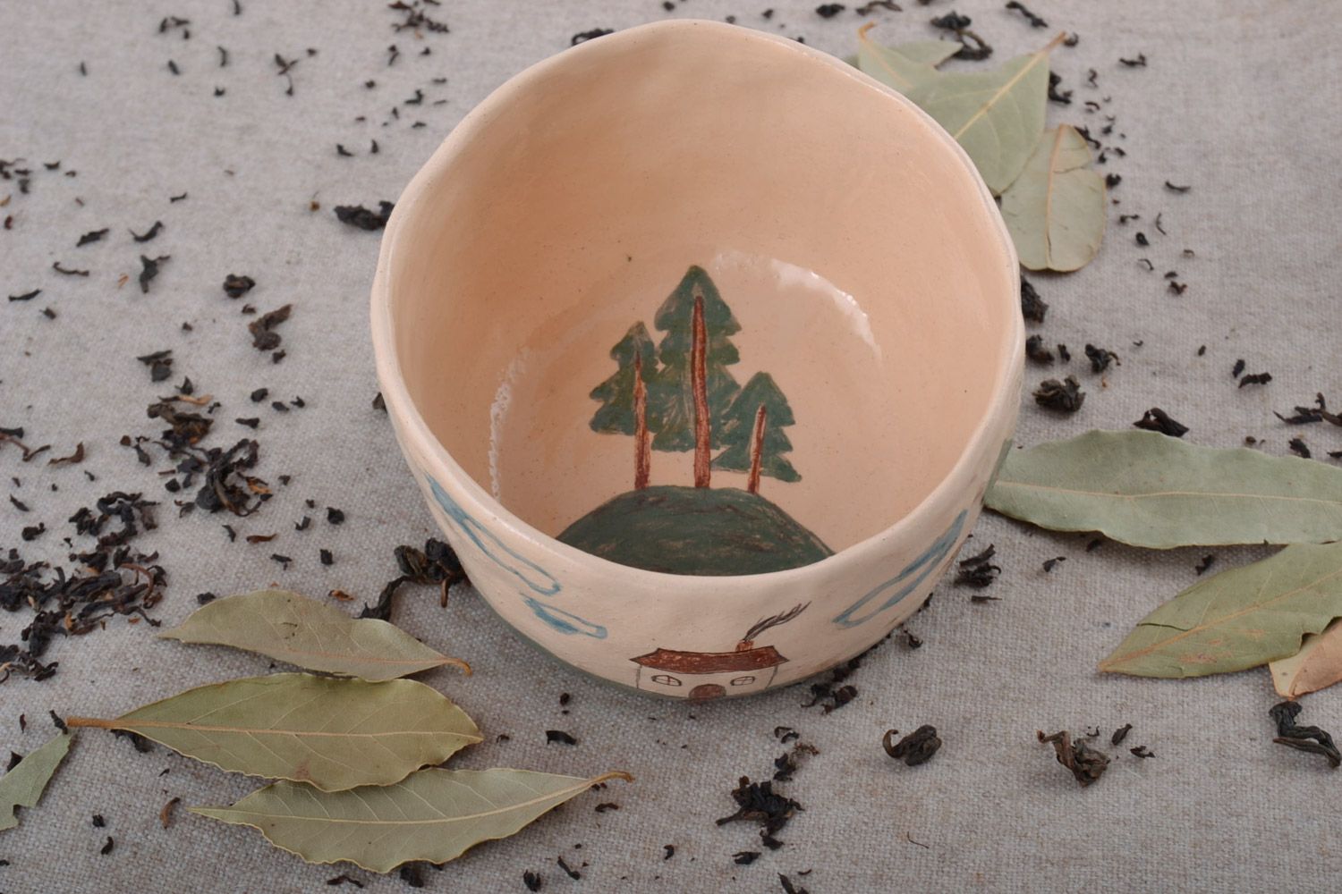 Small handmade beige clay bowl painted with engobes 0.2 l photo 1