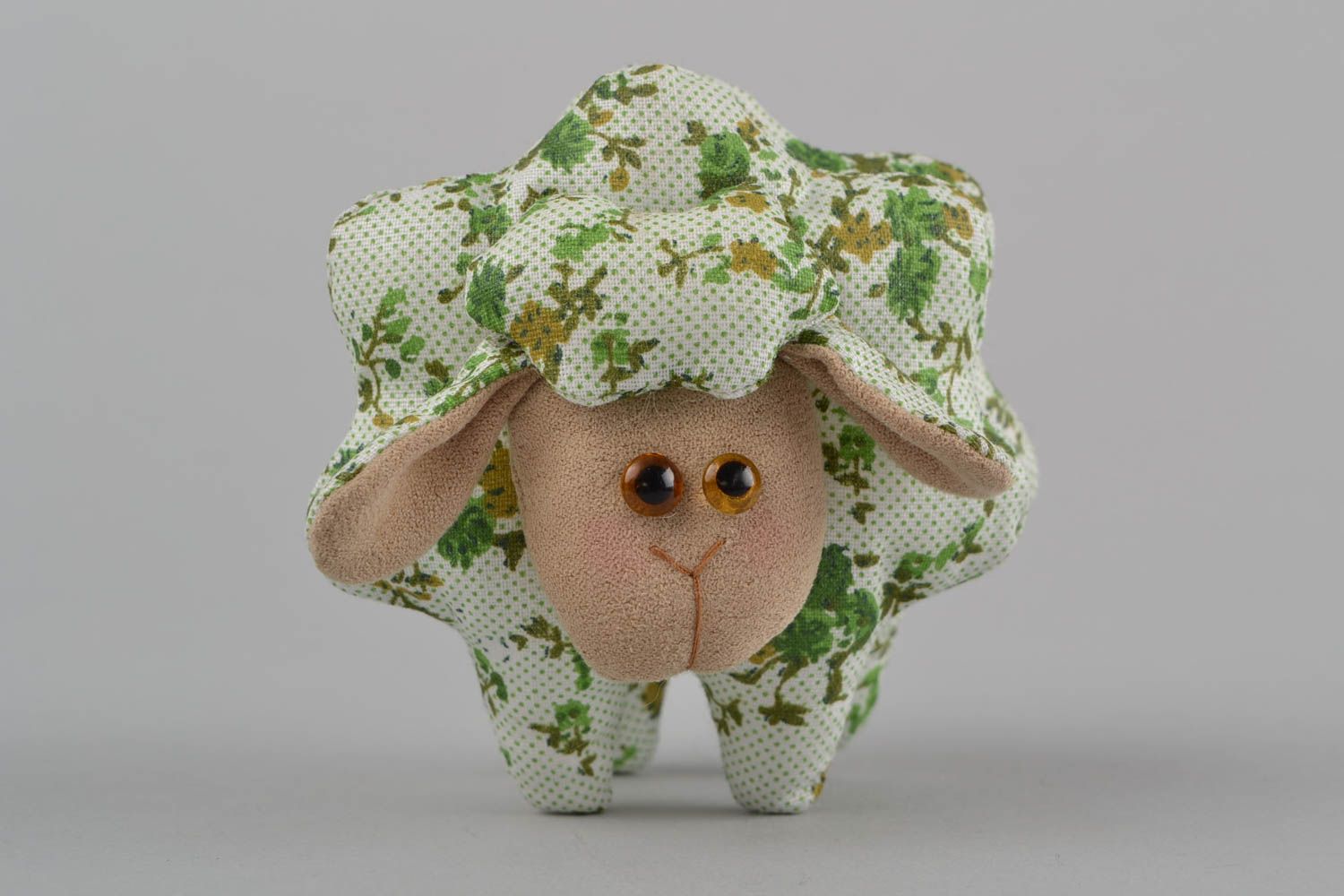 Handmade small funny soft toy sewn of faux suede in the shape of green lamb photo 1