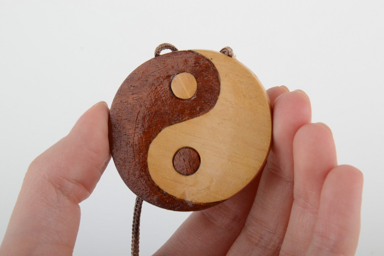 Handmade round carved wooden neck pendant with cord Yin and Yang for women photo 5