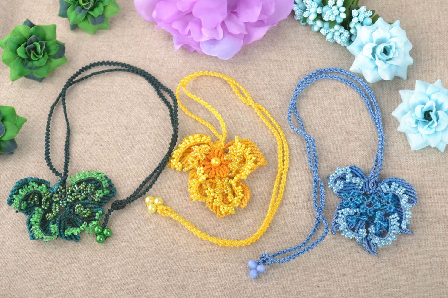 Handmade colorful jewelry textile set of pendant female accessories 3 pieces photo 1